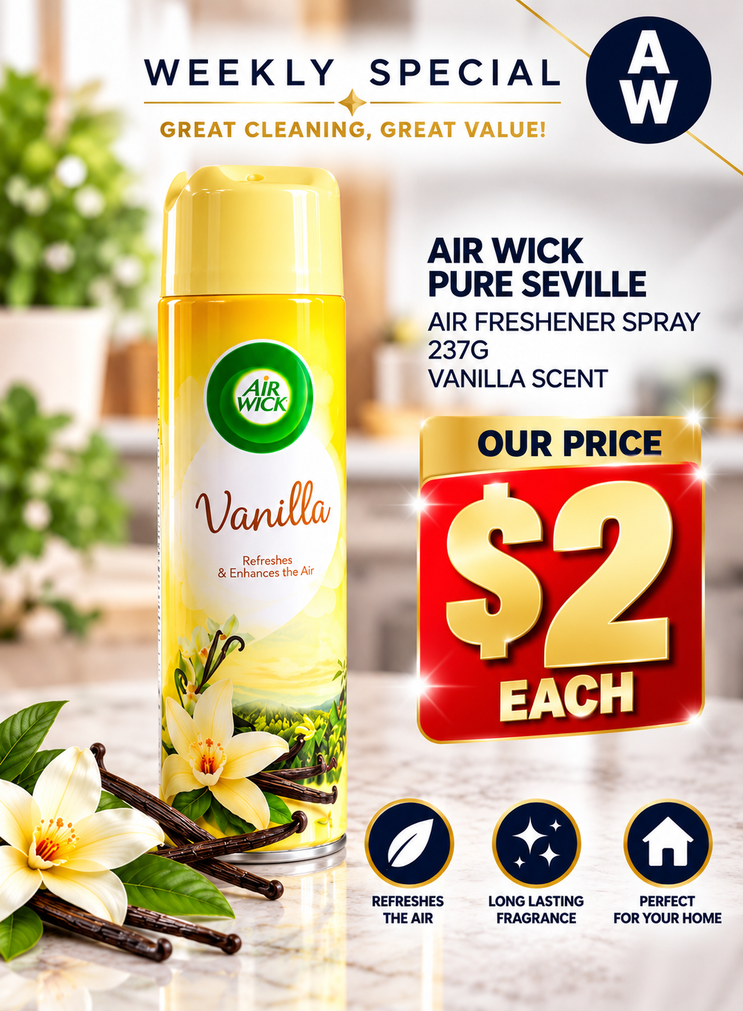 2 X AIR WICK VANILLA FRESHENER SPRAY RRP $3.9